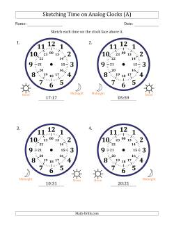 Sketching 24 Hour Time on Analog Clocks in 1 Minute Intervals (4 Large Clocks)