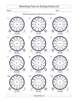Sketching 24 Hour Time on Analog Clocks in 5 Minute Intervals (12 Clocks)