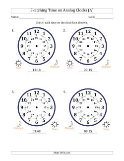 Sketching 24 Hour Time on Analog Clocks in 5 Minute Intervals (4 Large Clocks)