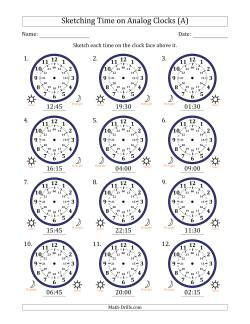 Sketching 24 Hour Time on Analog Clocks in 15 Minute Intervals (12 Clocks)