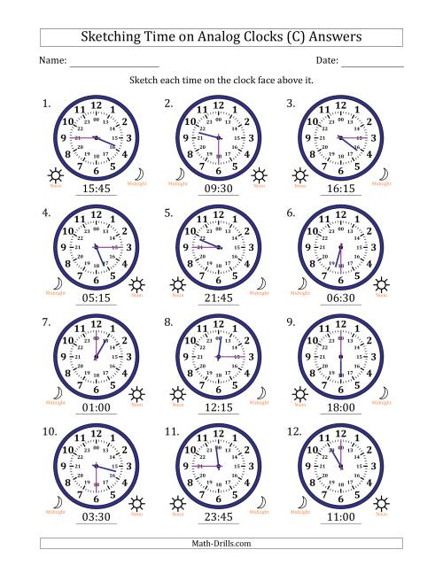 The Sketching 24 Hour Time on Analog Clocks in 15 Minute Intervals (12 Clocks) (C) Math Worksheet Page 2