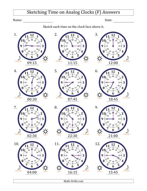 The Sketching 24 Hour Time on Analog Clocks in 15 Minute Intervals (12 Clocks) (F) Math Worksheet Page 2