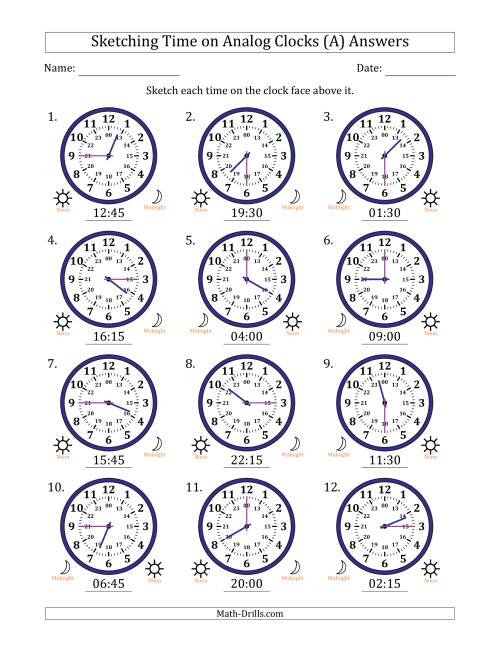 The Sketching 24 Hour Time on Analog Clocks in 15 Minute Intervals (12 Clocks) (All) Math Worksheet Page 2