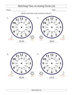 Sketching 24 Hour Time on Analog Clocks in 15 Minute Intervals (4 Large Clocks)