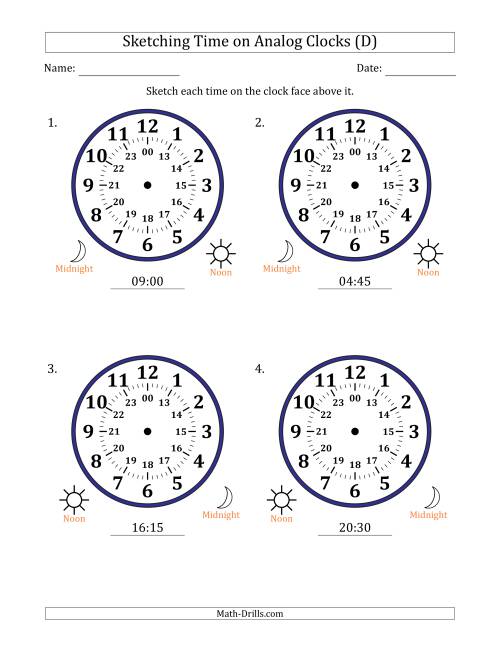 The Sketching 24 Hour Time on Analog Clocks in 15 Minute Intervals (4 Large Clocks) (D) Math Worksheet