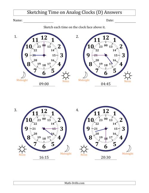 The Sketching 24 Hour Time on Analog Clocks in 15 Minute Intervals (4 Large Clocks) (D) Math Worksheet Page 2