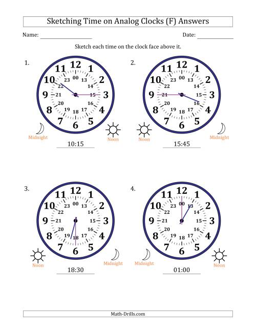 The Sketching 24 Hour Time on Analog Clocks in 15 Minute Intervals (4 Large Clocks) (F) Math Worksheet Page 2