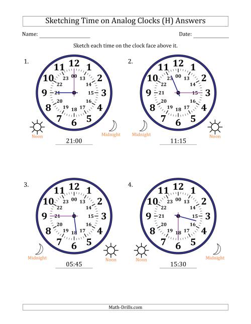 The Sketching 24 Hour Time on Analog Clocks in 15 Minute Intervals (4 Large Clocks) (H) Math Worksheet Page 2