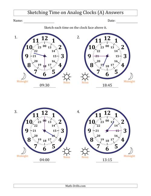 The Sketching 24 Hour Time on Analog Clocks in 15 Minute Intervals (4 Large Clocks) (All) Math Worksheet Page 2