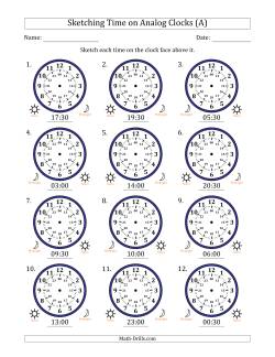 Sketching 24 Hour Time on Analog Clocks in 30 Minute Intervals (12 Clocks)