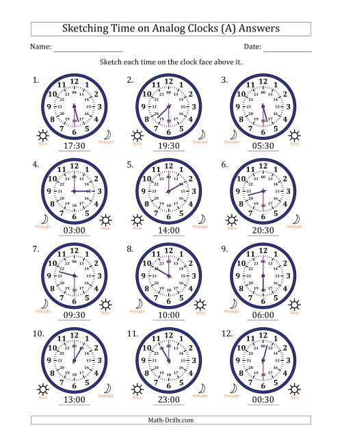 The Sketching 24 Hour Time on Analog Clocks in 30 Minute Intervals (12 Clocks) (A) Math Worksheet Page 2