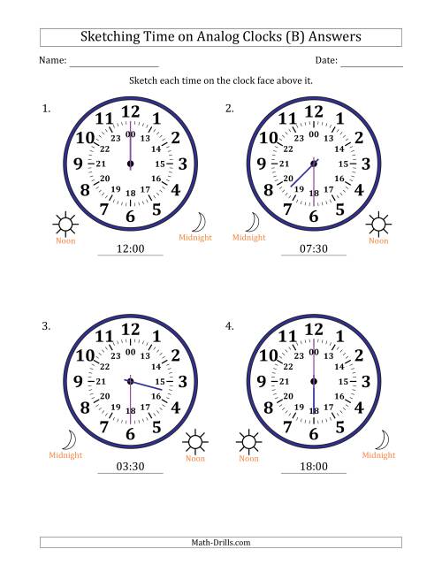 The Sketching 24 Hour Time on Analog Clocks in 30 Minute Intervals (4 Large Clocks) (B) Math Worksheet Page 2