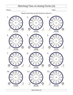 Sketching 24 Hour Time on Analog Clocks in One Hour Intervals (12 Clocks)