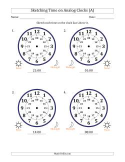 Sketching 24 Hour Time on Analog Clocks in One Hour Intervals (4 Large Clocks)