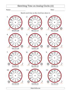 Sketching 24 Hour Time on Analog Clocks in 1 Second Intervals (12 Clocks)
