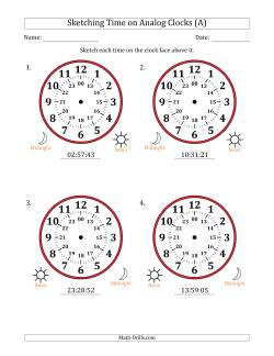 Sketching 24 Hour Time on Analog Clocks in 1 Second Intervals (4 Large Clocks)