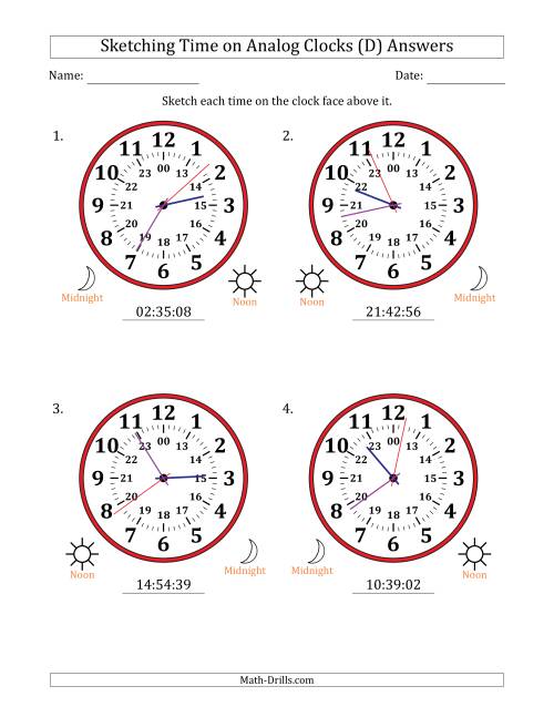 The Sketching 24 Hour Time on Analog Clocks in 1 Second Intervals (4 Large Clocks) (D) Math Worksheet Page 2