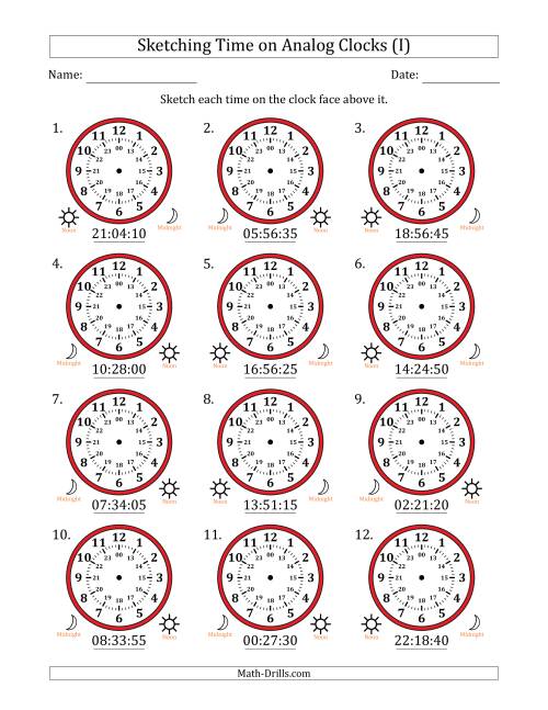 The Sketching 24 Hour Time on Analog Clocks in 5 Second Intervals (12 Clocks) (I) Math Worksheet