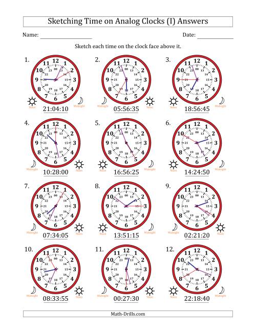 The Sketching 24 Hour Time on Analog Clocks in 5 Second Intervals (12 Clocks) (I) Math Worksheet Page 2