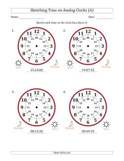 Sketching 24 Hour Time on Analog Clocks in 5 Second Intervals (4 Large Clocks)