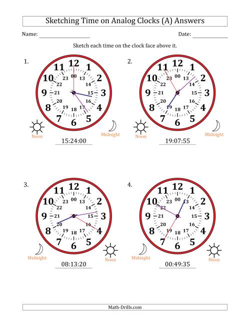 The Sketching 24 Hour Time on Analog Clocks in 5 Second Intervals (4 Large Clocks) (A) Math Worksheet Page 2