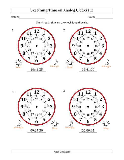 The Sketching 24 Hour Time on Analog Clocks in 5 Second Intervals (4 Large Clocks) (C) Math Worksheet