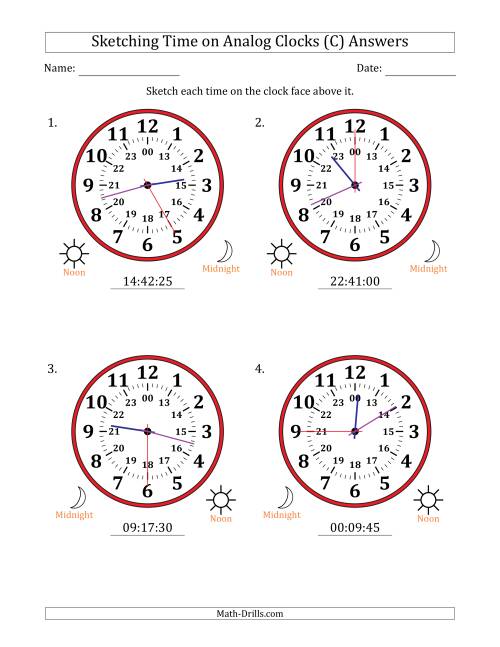 The Sketching 24 Hour Time on Analog Clocks in 5 Second Intervals (4 Large Clocks) (C) Math Worksheet Page 2
