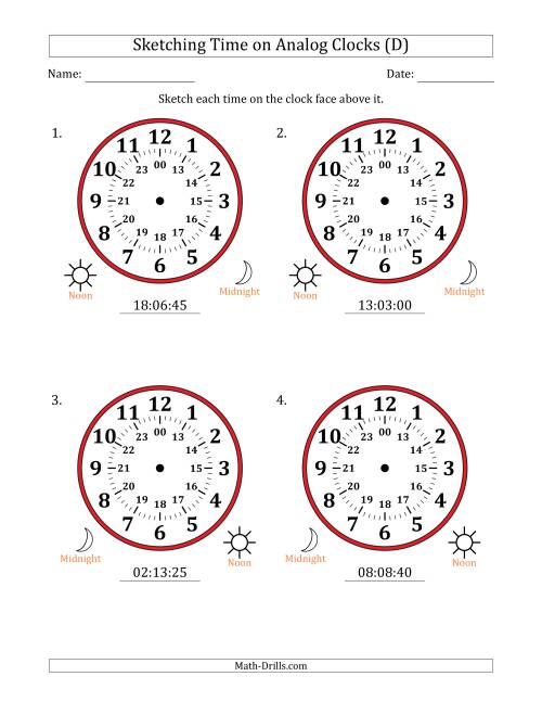 The Sketching 24 Hour Time on Analog Clocks in 5 Second Intervals (4 Large Clocks) (D) Math Worksheet