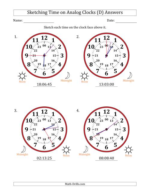 The Sketching 24 Hour Time on Analog Clocks in 5 Second Intervals (4 Large Clocks) (D) Math Worksheet Page 2