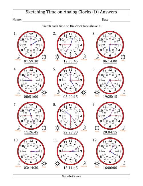 The Sketching 24 Hour Time on Analog Clocks in 15 Second Intervals (12 Clocks) (D) Math Worksheet Page 2