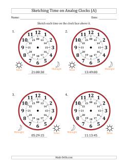 Sketching 24 Hour Time on Analog Clocks in 15 Second Intervals (4 Large Clocks)