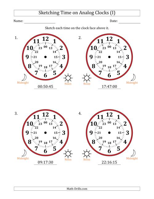 The Sketching 24 Hour Time on Analog Clocks in 15 Second Intervals (4 Large Clocks) (I) Math Worksheet
