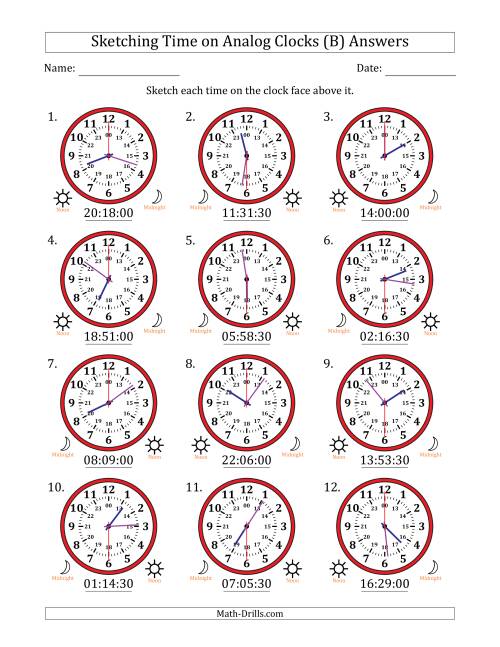 The Sketching 24 Hour Time on Analog Clocks in 30 Second Intervals (12 Clocks) (B) Math Worksheet Page 2