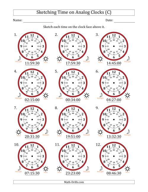 The Sketching 24 Hour Time on Analog Clocks in 30 Second Intervals (12 Clocks) (C) Math Worksheet