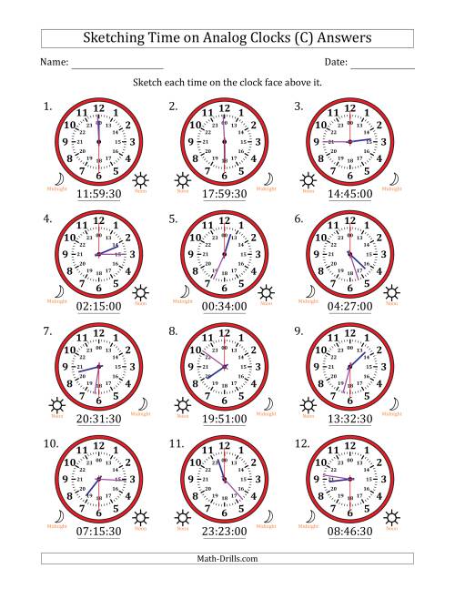 The Sketching 24 Hour Time on Analog Clocks in 30 Second Intervals (12 Clocks) (C) Math Worksheet Page 2