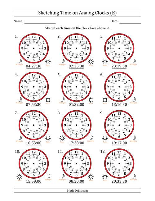 The Sketching 24 Hour Time on Analog Clocks in 30 Second Intervals (12 Clocks) (E) Math Worksheet