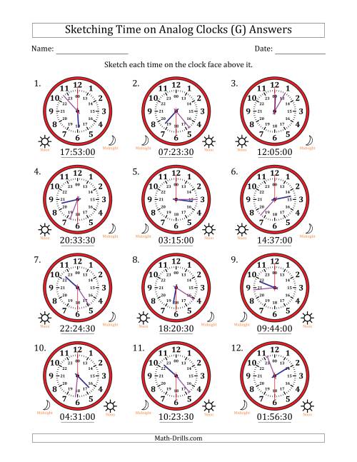 The Sketching 24 Hour Time on Analog Clocks in 30 Second Intervals (12 Clocks) (G) Math Worksheet Page 2