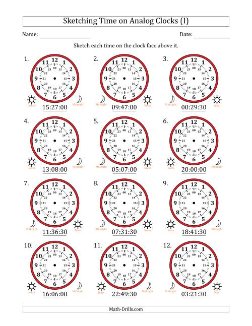 The Sketching 24 Hour Time on Analog Clocks in 30 Second Intervals (12 Clocks) (I) Math Worksheet