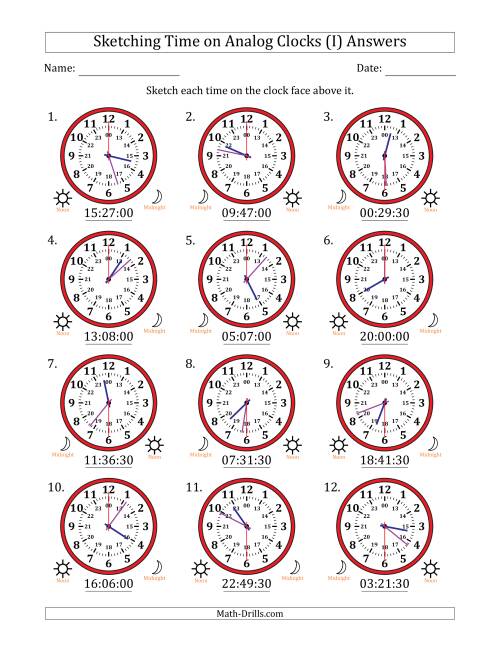 The Sketching 24 Hour Time on Analog Clocks in 30 Second Intervals (12 Clocks) (I) Math Worksheet Page 2
