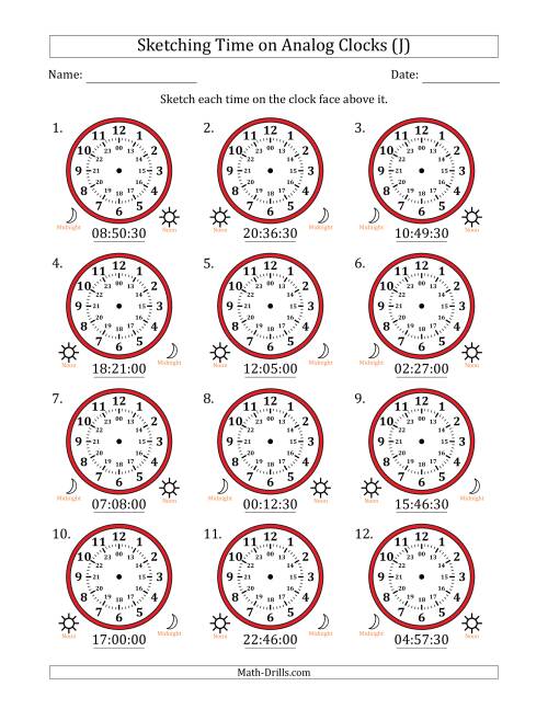 The Sketching 24 Hour Time on Analog Clocks in 30 Second Intervals (12 Clocks) (J) Math Worksheet