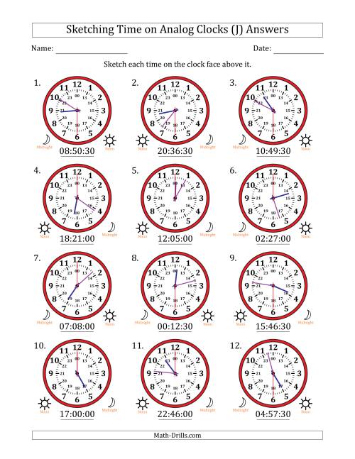 The Sketching 24 Hour Time on Analog Clocks in 30 Second Intervals (12 Clocks) (J) Math Worksheet Page 2