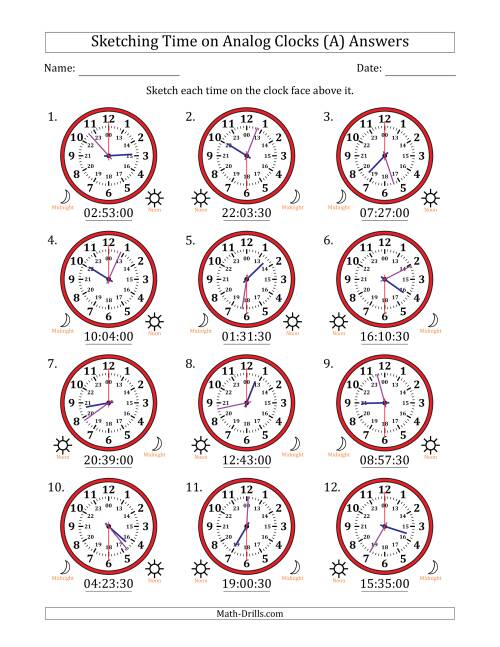 The Sketching 24 Hour Time on Analog Clocks in 30 Second Intervals (12 Clocks) (All) Math Worksheet Page 2