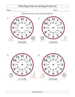 Sketching 24 Hour Time on Analog Clocks in 30 Second Intervals (4 Large Clocks)
