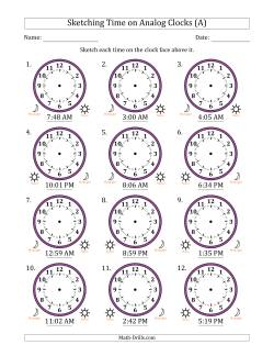 Sketching 12 Hour Time on Analog Clocks in 1 Minute Intervals (12 Clocks)