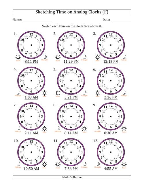 The Sketching 12 Hour Time on Analog Clocks in 1 Minute Intervals (12 Clocks) (F) Math Worksheet