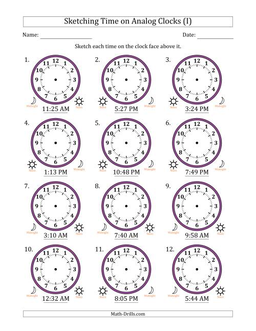 The Sketching 12 Hour Time on Analog Clocks in 1 Minute Intervals (12 Clocks) (I) Math Worksheet