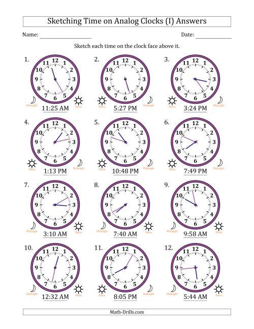 The Sketching 12 Hour Time on Analog Clocks in 1 Minute Intervals (12 Clocks) (I) Math Worksheet Page 2