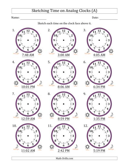 The Sketching 12 Hour Time on Analog Clocks in 1 Minute Intervals (12 Clocks) (All) Math Worksheet