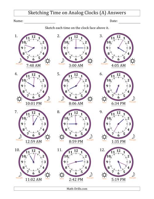 The Sketching 12 Hour Time on Analog Clocks in 1 Minute Intervals (12 Clocks) (All) Math Worksheet Page 2