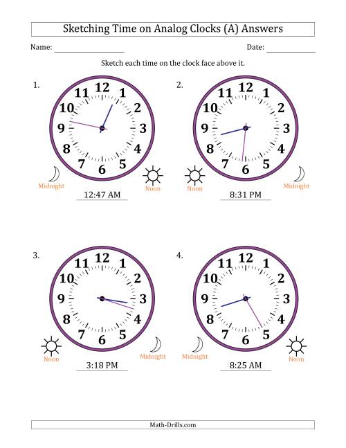 The Sketching 12 Hour Time on Analog Clocks in 1 Minute Intervals (4 Large Clocks) (A) Math Worksheet Page 2